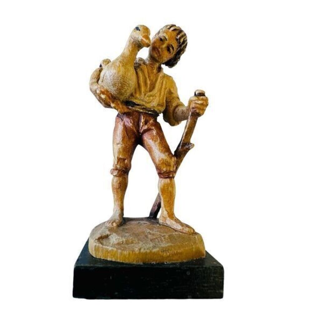 Anri Wooden Young‎ Boy Carrying  Duck & Walking Stick 1950's With Anri Labels
